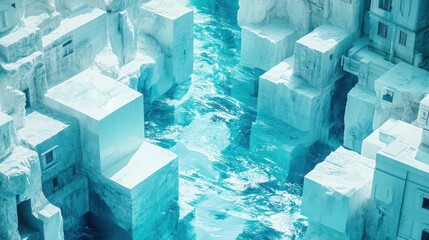 Atop a futuristic, icy city, a turquoise river flows through cubic structures