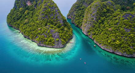 Kayakers paddle through a stunning turquoise water channel between lush green jungle-covered limestone cliffs in a tropical paradise