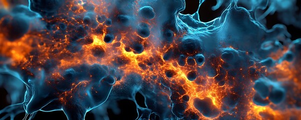 Sapphire and ember colored neuro-channels spreading across digital fluid space