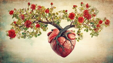 A heart-shaped trunk, adorned with roses and branches, symbolizing life and love