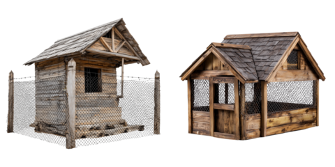 Set of Wooden Chicken Coops, Isolated on Transparent Background.
