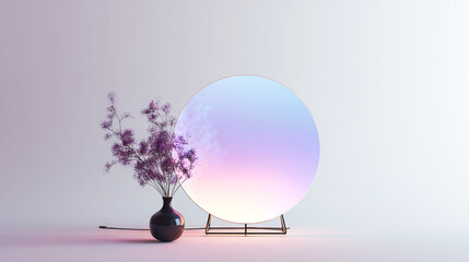 Minimalist and simple design, a round LED light on the wall, a holographic projection of a purple, blue, and pink gradient circular shape floating in front of it