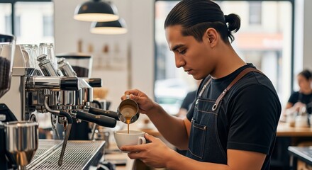 Young hispanic male barista preparing coffee in a contemporary café setting