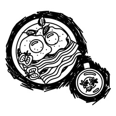 Hand-drawn breakfast tea and eggs on a plate. Black and white outline illustration in the grunge style, shading with a marker. Fried eggs, bacon with tomatoes and basil, floral tea on white. Serving