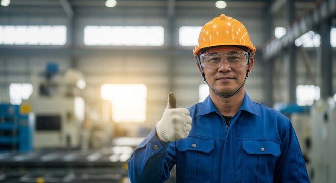 Asian male factory worker giving thumbs up in industrial setting - Powered by Adobe