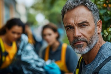 Mature man volunteer with his team, looking at the camera while cleaning up the street as part of a community service initiative, Generative AI