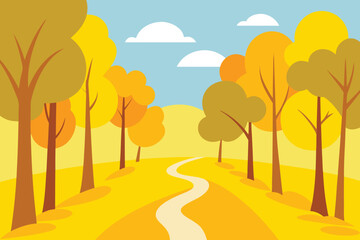 Cartoon illustration of a winding path through a golden autumn forest