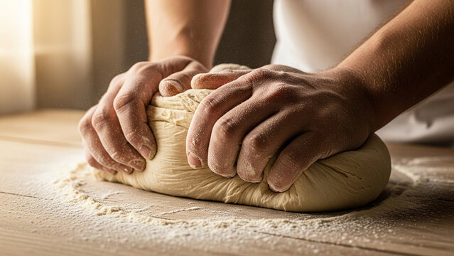 Hands kneading dough on a wooden surface with flour, preparing to bake bread or pastry. - Powered by Adobe