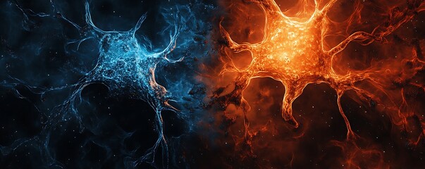 Sapphire and ember colored neuro-channels spreading across digital fluid space