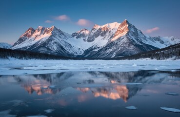 Majestic snow-capped mountains bathed in warm sunset light reflected in icy water. Coniferous forest borders frozen lake. Clear blue sky with wisps of pink clouds. Serene winter wilderness landscape.