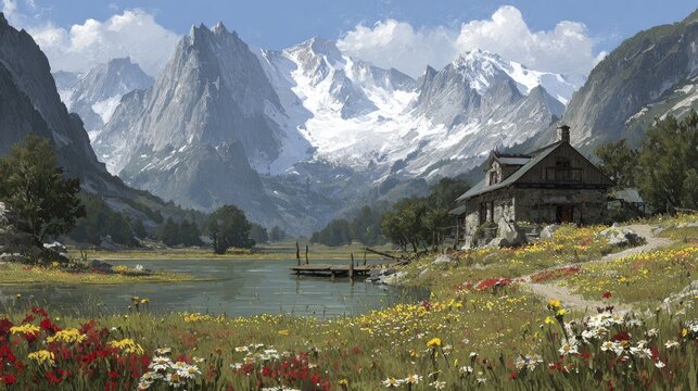 Colorful Alpine Meadow With Mountain Chalet And Lake