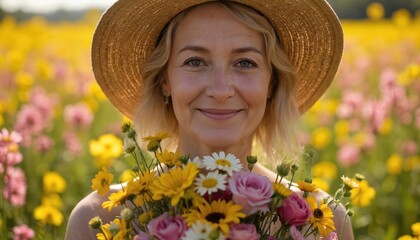 Smiling elderly woman in straw hat holds bouquet of wildflowers in sunny field. Peaceful, nostalgic mood with soft natural tones. Portrait photography captures close-up detail of woman, colorful
