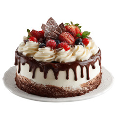 A round chocolate cake, layered, with chocolate ganache dripping down the sides. Topped with swirls of cream and a mix of fresh berries and chocolate shavings