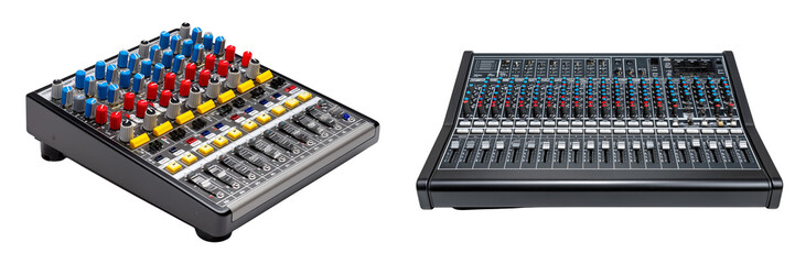 Set of Audio Sound Mixers, Isolated on Transparent Background.