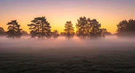 A view of trees silhouetted against a hazy sky with fog covering the ground at sunrise