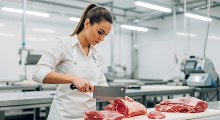 Female butcher cutting meat in industrial kitchen environment