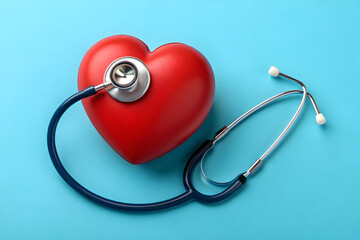 A stethoscope resting on a red heart symbolizes medical diagnosis and cardiac healthcare