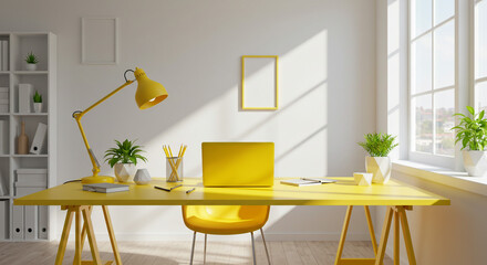 Bright yellow home office setup with laptop, lamp, plants, and a white bookshelf nearby