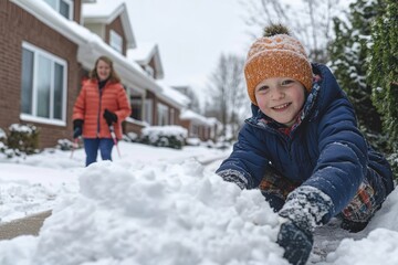 Boy with Down syndrome clearing snow from the path with his mother in front of their house, showcasing family cooperation and the joys of seasonal activities, Generative AI
