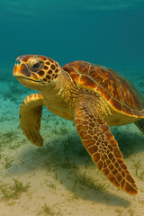 Obraz premium Sea turtle swimming in shallow clear ocean water over sandy seabed with vibrant shell and flippers in underwater wildlife scene