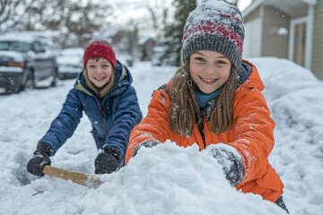 Boy with Down syndrome clearing snow from the path with his mother in front of their house, showcasing family cooperation and the joys of seasonal activities, Generative AI