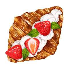 Strawberry tart slice with whipped cream and mint leaves, watercolor illustration on white background
