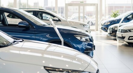 Obraz premium Modern car dealership with sleek automobiles in bright showroom