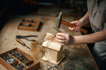 Closeup of hands making wooden birdhouse on workbench with tools, hammer and nails in workshop