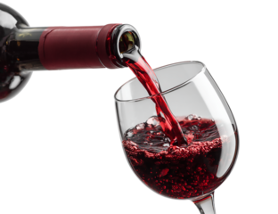 A bottle of red wine is pouring into a glass, creating a splash of color and anticipation for a delightful tasting experience isolated on transparent background