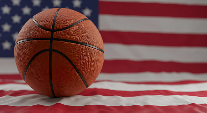 Basketball and American flag together on green grass field