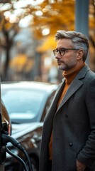 Mature businessman waiting for his electric car to charge, symbolizing the growing adoption of sustainable energy practices in professional and personal life, Generative AI