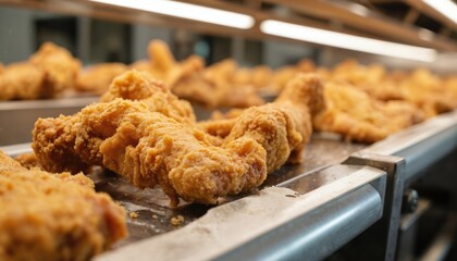 Fried chicken pieces move along production line conveyor belt through breading machine. Food processing equipment ensures quality, hygiene for crispy chicken output. Detailed shot shows industrial