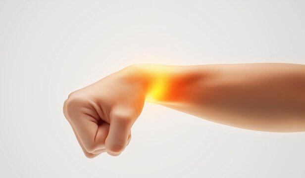 Asian man pointing to inflamed pain area on left forearm with red and orange skin discoloration indicating potential nerve or muscle injury - Powered by Adobe