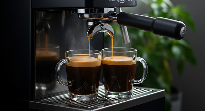 Coffee machine pouring espresso into glass cup on table