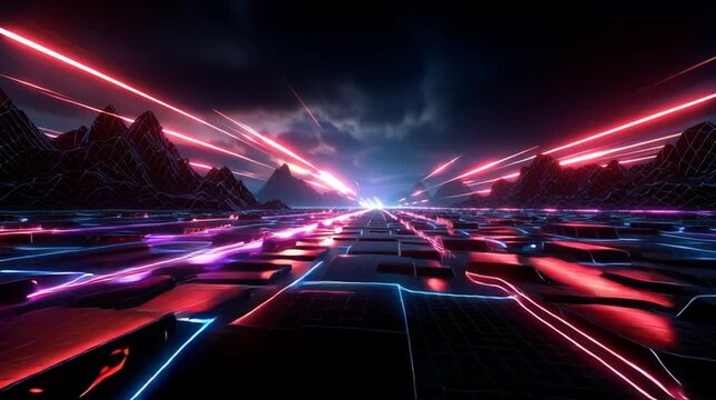 neon comet-like trails flying across a digital grid landscape, retro-futuristic synthwave style, motion blur included
