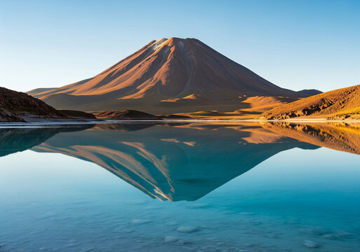A breathtaking view of a majestic snow-capped volcano perfectly reflected in the calm, turquoise waters of a high-altitude salt lake under a clear blue sky - Powered by Adobe