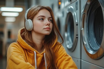 Young woman listening to music while waiting in a laundry room. This image highlights a quiet, personal moment of relaxation in everyday life, Generative AI