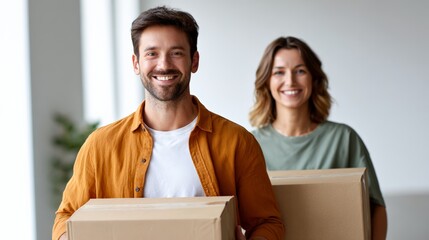 Happy couple carrying cardboard boxes, moving into a new home, smiling brightly at the camera, embodying the excitement of real estate and mortgage opportunities