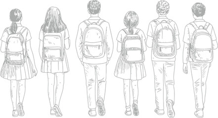 A sketch of students walking away with backpacks on a white background view back