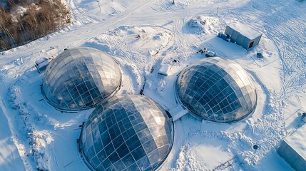 Aerial view of transparent geodesic domes on snowy ground in winter
