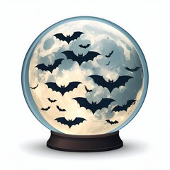 Fantasy crystal ball reflecting glowing full moon and silhouette of flying bats during sunset in dreamy outdoor setting with magical and eerie mood
