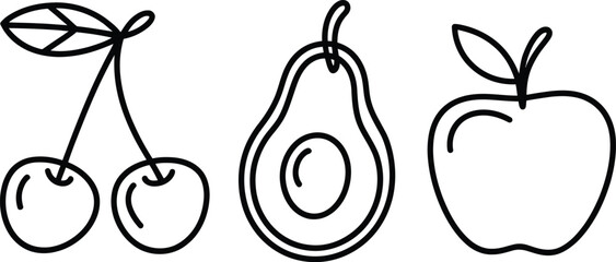Simple line drawing of cherries avocado and apple arranged side by side in a white background