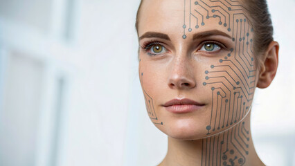 Human face with ai circuit pattern showing collaboration between technology and emotion