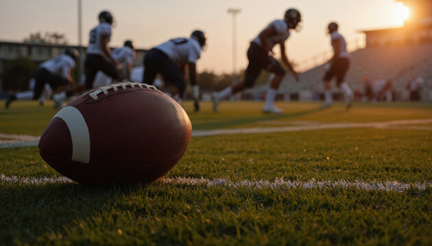 American football players in action on stadium field at sunset. Football in foreground. Game, competition, team, athlete, running, touchdown, grass, sport, sportsmanship, athletic, crowd, fan,