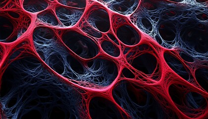 Scarlet and navy neural webs spreading across hyper-real digital matrix