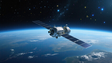 Realistic 3D rendering of a satellite floating above Earth in outer space with curved horizon and star-filled background, symbolizing global communication and geostationary orbit technology