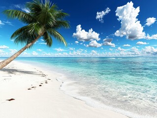 Obraz premium Tropical Beach Paradise Palm Tree on White Sand and Turquoise Ocean