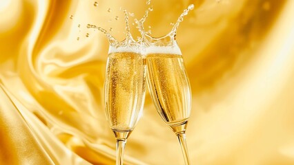 Two slender, delicately crafted champagne flutes, positioned at an angle, filled with effervescent, pale gold liquid, capturing a mesmerizing splash against a vibrant, metallic gold backdrop with subt