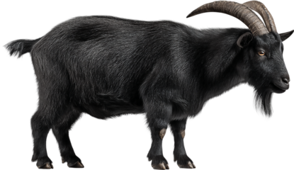 A majestic black goat stands tall, isolated on transparent background, showcasing its impressive horns and thick fur
