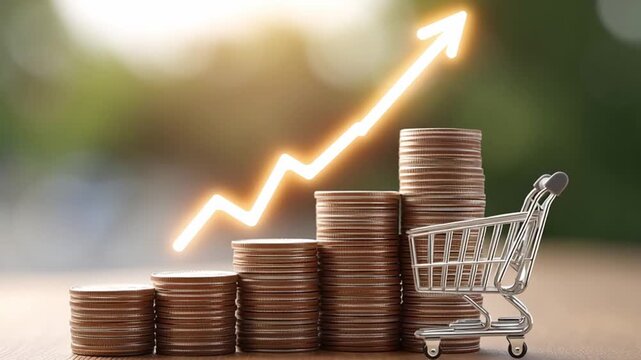 Online shopping expenses managed with smart ecommerce saving strategy to stack coins, save money, and boost finance growth through effective money management and cost reduction